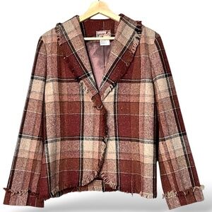 APRIL CORNELL Wool Blend Burgundy Brown Plaid One Button Blazer Fringe Edges L